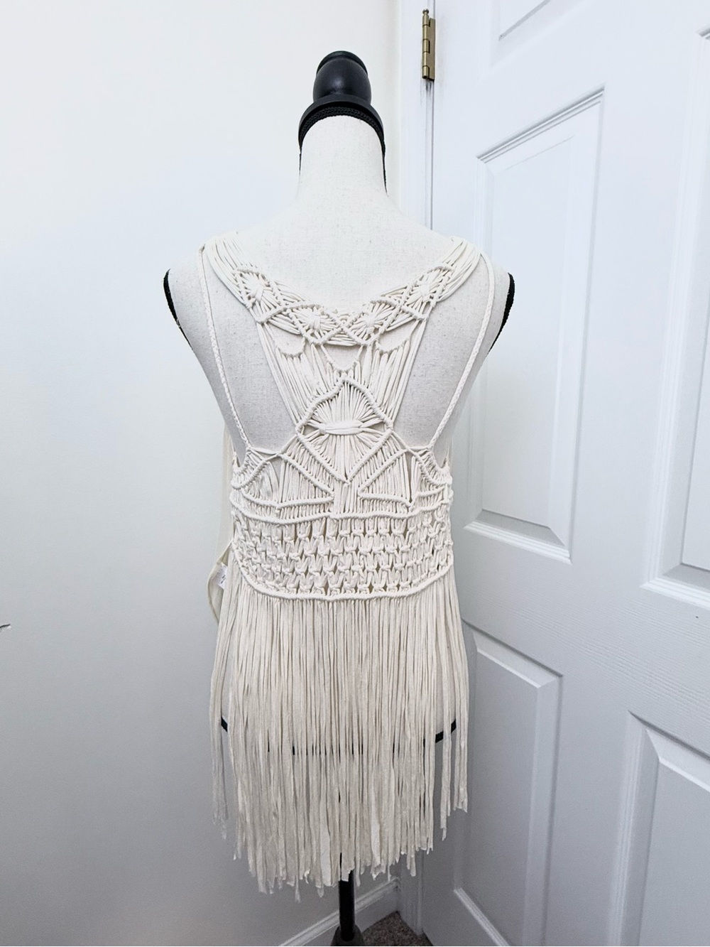 Women's Cream Sleeveless Chiffon Camisole with Crochet Tassel Back